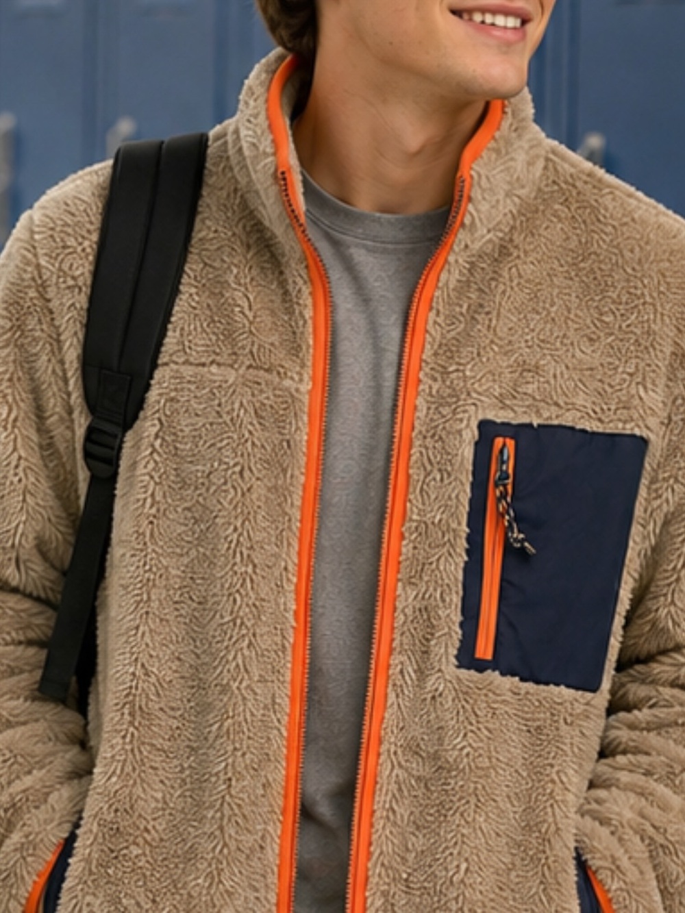 American Eagle Outfitters Tan Sherpa Zip Jacket with Navy Pocket and Orange Trim